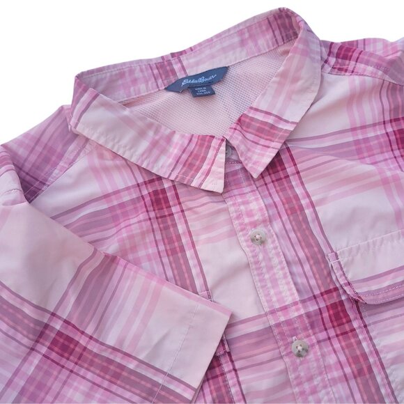 Eddie Bauer Womens Adventure Shirt XXL Pink Plaid Short Sleeve Button-Up Hiking - Picture 7 of 16